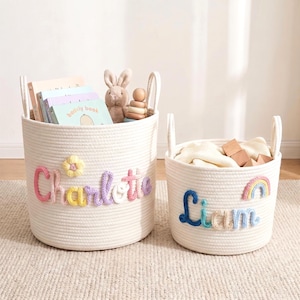 Cesto personalizado em corda de algodão trançada, organizador de brinquedos, organizador de brinquedos com nome do bebê, cesto artesanal personalizado, organizador de quarto de bebê para novas mamães