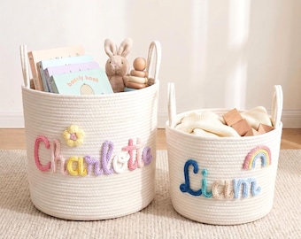 Cesta personalizada de cuerda de algodón tejida, organizador de juguetes, almacenamiento de juguetes con nombre de bebé, cesta artesanal personalizada, organizador de cuarto para mamá primeriza