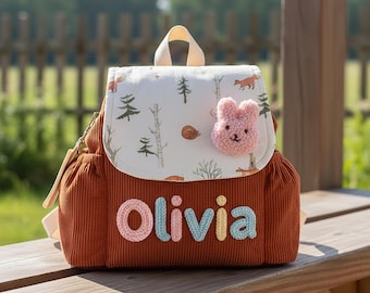 Mochila infantil personalizada con nombre: bolso de pana para niña, diseño de conejito, regalo para la vuelta al cole, mochila estilo cottagecore, regalo de Pascua.
