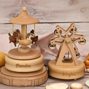 Personalized Musical Box Set, Custom Carousel Music Box, Ferris Wheel Music Box, Wooden Name Gift, Baby Shower Gift, First Birthday Gift