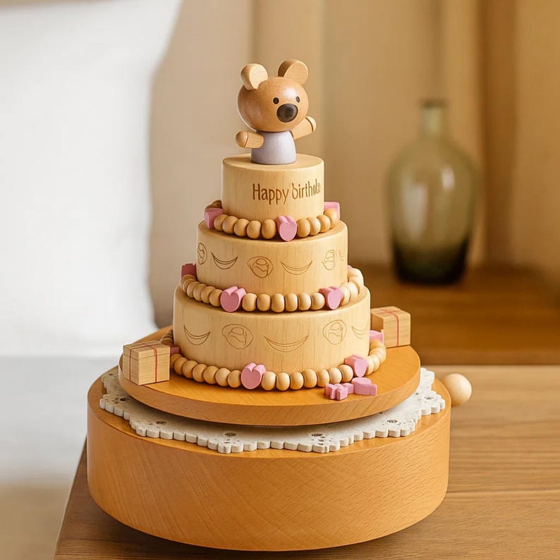 May include: Wooden birthday cake with a bear figurine. The three-tiered cake features pink heart decorations and the words "Happy birthday". The cake sits on a wooden base with a lace doily. A charming gift.