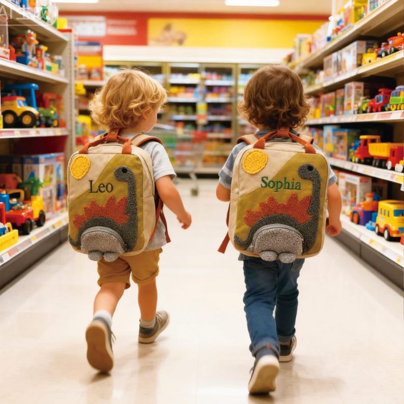 May include: Two beige canvas backpacks featuring a textured, dark green dinosaur appliqu&eacute; with a red spine and a yellow sun. One backpack is embroidered with the name Leo, and the other is embroidered with the name Sophia, both with brown straps.