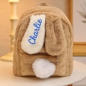 Sac à dos lapin avec nom personnalisé - Sac en peluche personnalisé pour enfants avec oreilles et pompons | Cadeau unique pour fille, école ou voyage