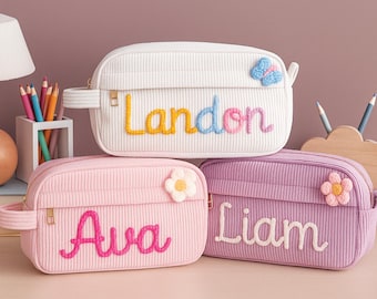 Estuche personalizado para lápices de regreso a clases: bolsa de pana de gran capacidad con nombre personalizado, regalo para niños y niñas, organizador de útiles escolares.