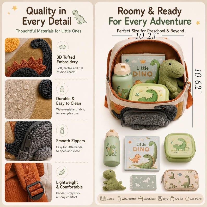 May include: A beige and brown backpack featuring a 3D tufted dinosaur design, measuring 10.23 inches wide by 10.62 inches high. The set includes a green water bottle, a dinosaur-themed book, a lunch box, a plush toy, and a patterned pencil case.