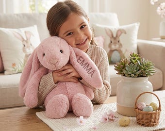 Conejito de peluche personalizado de 40 cm, con nombre bordado, ideal como regalo para baby shower, canasta de Pascua, recuerdo de peluche, conejito suave.