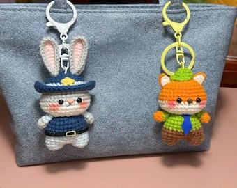 Crochet Fox and Bunny Amigurumi Keychain Set, Cotton Yarn Plush Charm