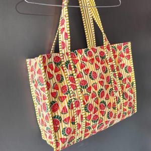Vintage Market Boho Tote Bag, Handprint Shopping Tote Bag, Reversible Shoulder Tote Bag,  Large Weekend Travel Tote Bag, Eco Friendly Bag