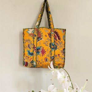 Mukut Printed Quilted Cotton Reversible Tote Bag, Handmade Floral Tote Bag, Sturdy Grocery Art Boho Hippie Organic Cotton Custom Order Bags