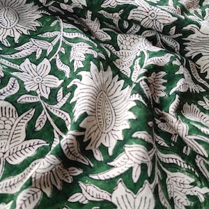Green Floral Block Print Fabric | Hand Dyed Women Dress Material Indian Pure Cotton Kantha Making Fabric By The Yard Sewing Clothing Fabric
