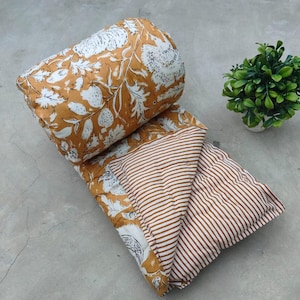 Block Print Queen Quilt: Floral Cotton Handmade Bedspread