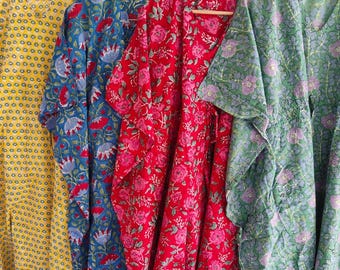 Kaftano in cotone stampato a mano / Abito lungo indiano fatto a mano, abbigliamento da casa boho, copricostume da spiaggia