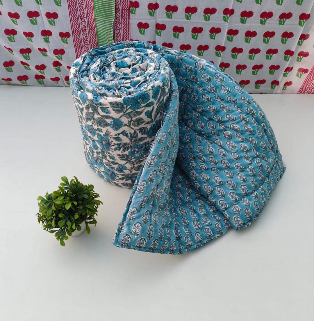 Simple Razai Floral Block Print Cotton Razai Quilt | Handmade Reversible Jaipuri ...