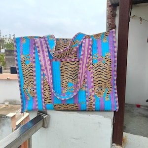 Organic Cotton Tiger Print Tote Bag, Quilted Reversible Shopping Jola Bag, Large Weekend Travel Tote Bag, Eco Friendly Indian Women Hand Bag