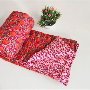 Hand Printed Pure 100%Cotton Quilt !! Indian Reversible Queen Quilted Razai Blanket Winter Warm Handmade Reversible Blanket Bedspread Throw
