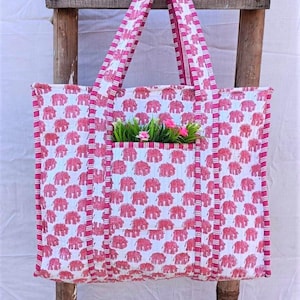 Tradition Elefant Reißverschluss Hand Einkaufstasche, Block Print Reversible Einkaufstasche, Kantha Quilted Einkaufstasche, große gelegentlich Geschenktasche
