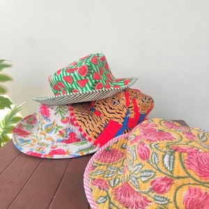 VERKAUF Gesteppter Fischerhut | Block Print Handmade Bucket Hat | Vintage Einzigartiges Boho Style Accessoire | Beach Wear Sun Eimer Hut Geschenk für sie