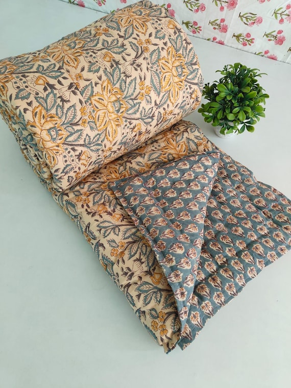 Floral Block Print Razai Quilt : Queen Reversible Kantha Blanket Winter Warm Quilted Home Decor Bedding