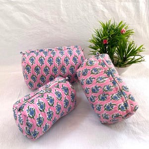 Handmade Quilted Cotton Makeup Bag, Hand Block Floral Print Cosmetic Bag, Women's Toiletry Wash Bag, Organic Cotton Large Pouch Cosmetic Bag