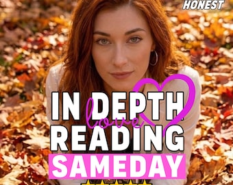 Könnte beinhalten: Eine Person mit langem kastanienbraunem Haar in einer weißen Jacke, mit Textüberlagerung DETAILED HONEST, IN DEPTH love READING SAMEDAY und fünf gelben Sternen. Die Person ist vor einem Hintergrund aus herbstlichen Blättern positioniert.