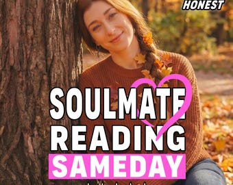 Może przedstawiać: Osoba z długimi rudobrązowymi włosami w dzianinowym swetrze w kolorze rdzy, oparta o drzewo. Tekst głosi: DETAILED HONEST, SOULMATE READING SAMEDAY oraz Selena Lunna. Widoczna jest różowa grafika serca oraz pięć żółtych gwiazdek na obrazie.