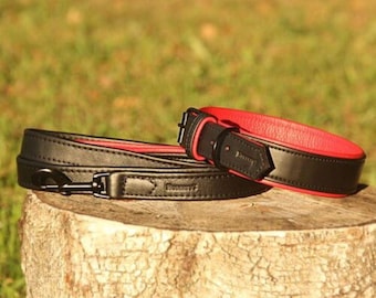 Handmade Black & Red Leather Dog Collar Leash Set with Black Hardware