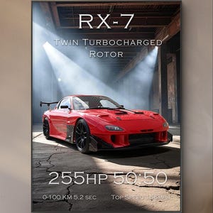 Mazda RX-7 poster, car wall art, racing car, rotor, automotive decor, sports car print, home/office decor, digital wall art