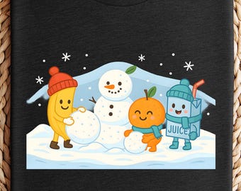 Cute Winter Friends Snowman Tee, Cartoon Orange, Banana, Juice Box Playing in Snow, snowman shirt, kids graphic, cozy winter, winter outfit.