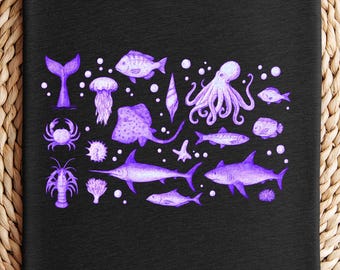 Purple Marine Life Illustration Tee | Ocean Creatures T-Shirt, ocean shirt, sea life tee, marine t shirt, whale shark tee, ocean lover gift.