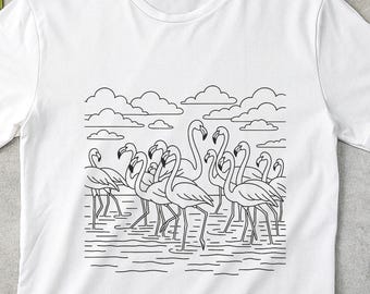 Line Art Flamingo Flock Tee, Beach Birds Illustration, flamingo tee, beach bird shirt, line art tee, tropical tee, bird lover gift, Line Art