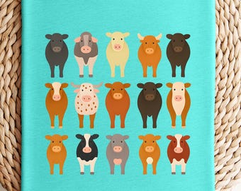 Colorful Cow Row Cute Farm Cow Illustrations T-Shirt, farm cow tee, cute cow shirt, animal farm tee, cow lover gift, farm life apparel.