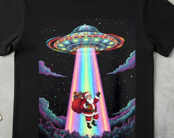 Santa Abducted by Rainbow UFO T-Shirt, alien Christmas Tee, Ufo Christmas, Retro UFO Tee, sci fi Christmas, space Christmas tee, Retro UFO.