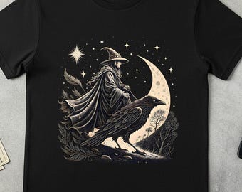 Witch on Raven Moon Magic T-Shirt, Gothic Fantasy Tee, witch raven tee, raven lover gift, pagan gift tee, fantasy art shirt, witchcraft Tee.