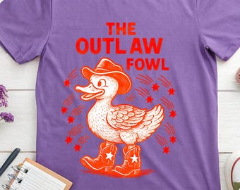 Outlaw Fowl Duck Illustration Tee, Western Cowboy Hat & Boots, Vintage Ink, duck cowboy, western duck tee, outlaw fowl shirt, vintage tee.
