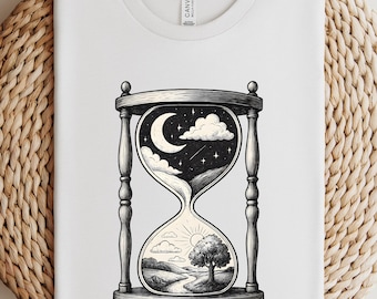 Hourglass Night and Day Illustration Tee | Surreal Hourglass Shirt, surreal hourglass, hourglass shirt, mystical tee shirt, astrology gift.