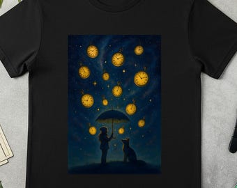 Starry Lanterns under Umbrella T-Shirt | Night Sky Silhouette, Firefly Lights, moonlight picnic tee, unisex night tee, firefly lights tee.