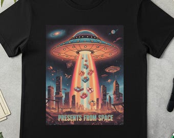 Presents From Space UFO Abduction Alien Cityscape T-Shirt, alien t shirt, UFO graphic tee, sci fi shirt, alien city tee, retro space tee.