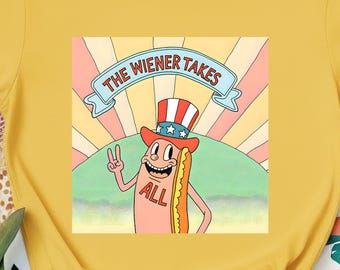 Wiener Takes All Hot Dog Cartoon T-Shirt | Patriotic Uncle Sam Hat, hot dog tee, cartoon hot dog, retro hotdog shirt, hot dog cartoon tee.