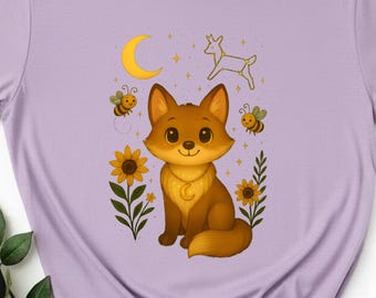 Cute Fox with Moon, Flowers & Bees T-Shirt, fox tee, cute fox shirt, moon flower tee, spring festival tee, animal art tee, casual nature tee