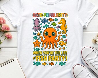Octopus Party Illustration T-Shirt | Cute Sea Creatures Tee, Octopus tee, cute sea shirt, marine party tee, ocean party shirt, ocean lover.