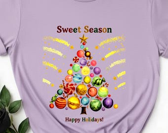 Sweet Season Candy Christmas Tree T-Shirt | Holiday Sweets Tee, candy tree, festive candy tee, sweets lover gift, winter holiday, Christmas.