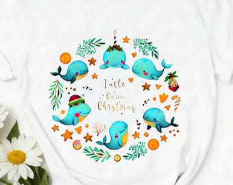 Cute Narwhal and Whale Wreath T-Shirt, Ocean Baby Sea Creatures Tee, cute marine shirt, baby shower gift, marine life shirt, cute whale tee.