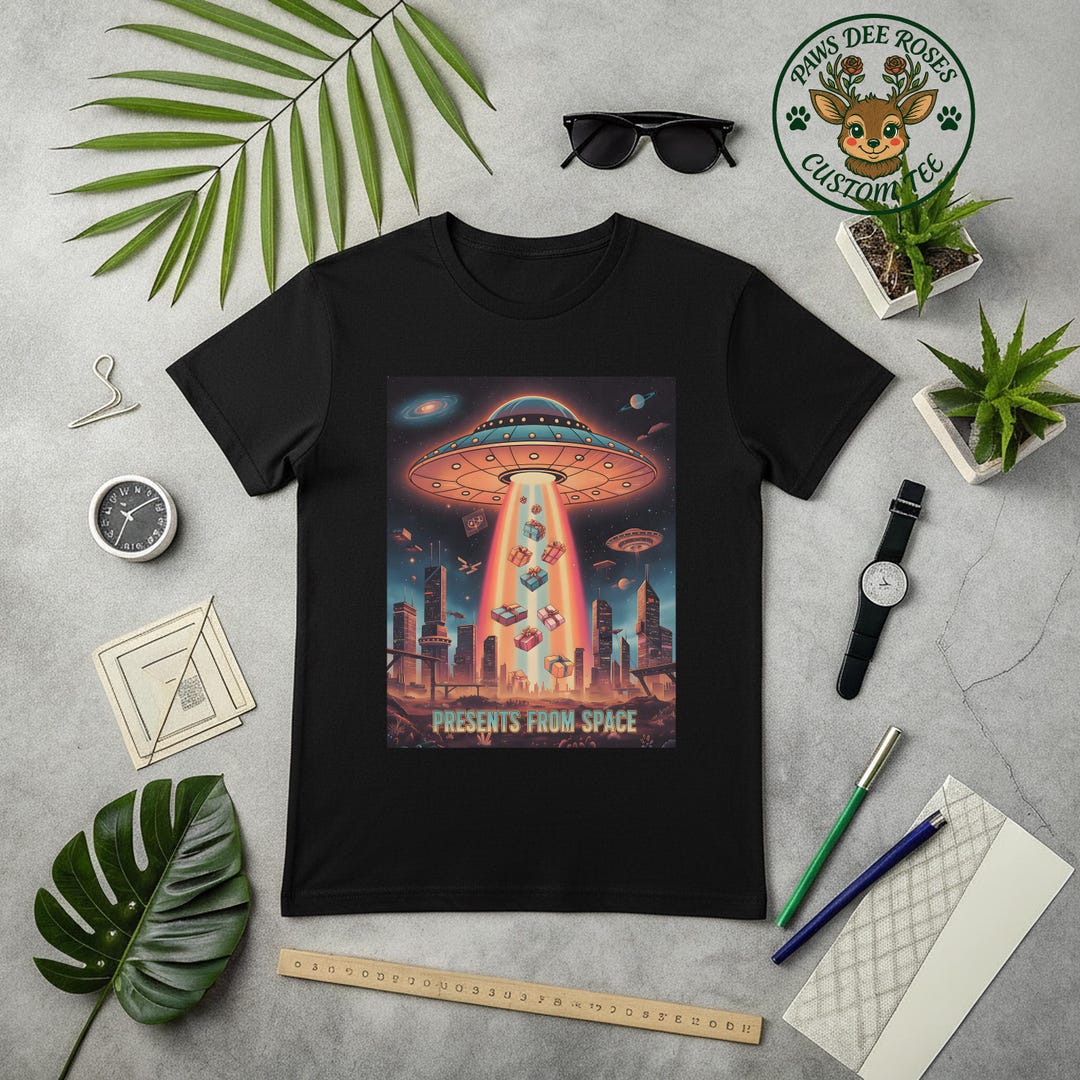Presents From Space UFO Abduction Alien Cityscape T-shirt, Alien T ...