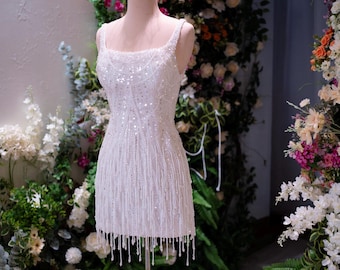 Handmade Beaded Sequin Mini Wedding Dress – Fringe Strapless Bridal Gown