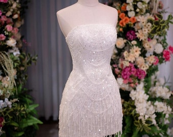 Handmade Mini Wedding Dress – Short Sequin Fringe Bridal Gown – Pearl Beaded Strapless Reception Dress – Custom Pearl Beaded Mini Dress