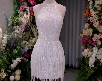 Sequin Fringe Halter Neck Mini Wedding Dress | Beaded Bridal Reception Gown