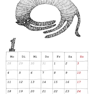 May include: A black and white ink illustration of a curled-up cat above a monthly calendar page for January. The calendar features a grid with the number 1, days of the week labeled Mo, Di, Mi, Do, Fr, Sa, So, and dates from 28 to 31.