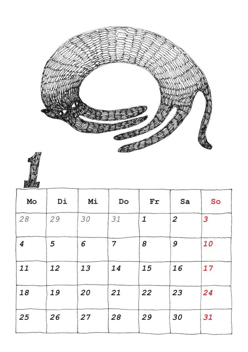 May include: A black and white ink illustration of a curled-up cat above a monthly calendar page for January. The calendar features a grid with the number 1, days of the week labeled Mo, Di, Mi, Do, Fr, Sa, So, and dates from 28 to 31.