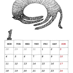 May include: A black and white ink illustration of a curled cat above a calendar page for the month of 1. The grid displays days from Monday to Sunday, with dates 28 through 31 and 1 through 31 listed in black and red ink on a white background.