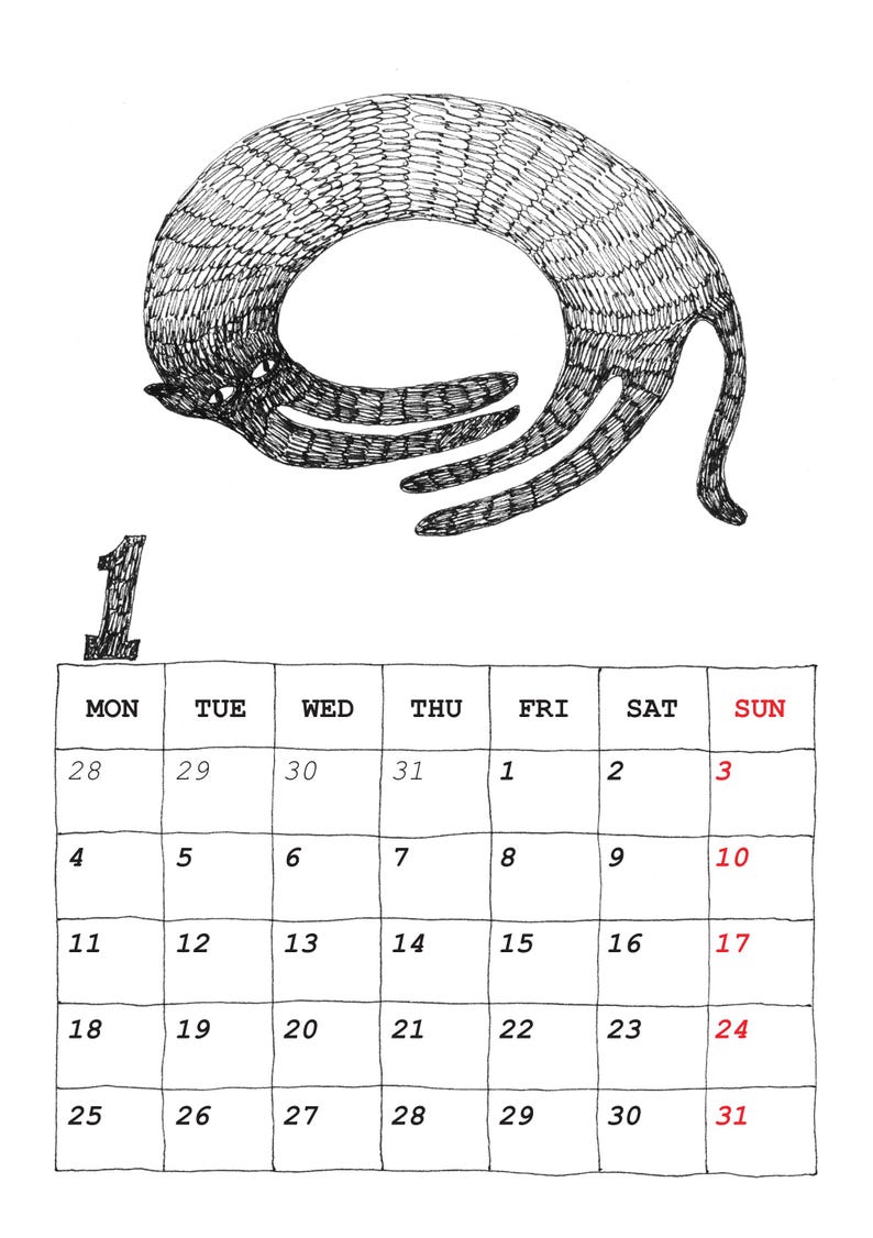 May include: A black and white ink illustration of a curled cat above a calendar page for the month of 1. The grid displays days from Monday to Sunday, with dates 28 through 31 and 1 through 31 listed in black and red ink on a white background.